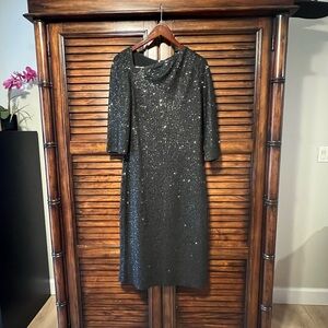 St John Black Sequin Knit Dress Sz 10 3/4 Sleeve Evening Cocktail Luxe Designer